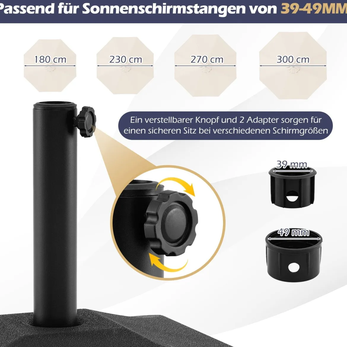 Schirmständer mit Rollen Quadratischer Schirmgewicht mit 2 Rollen Griff & 2 Adaptern für Schirmstange 39/49 mm