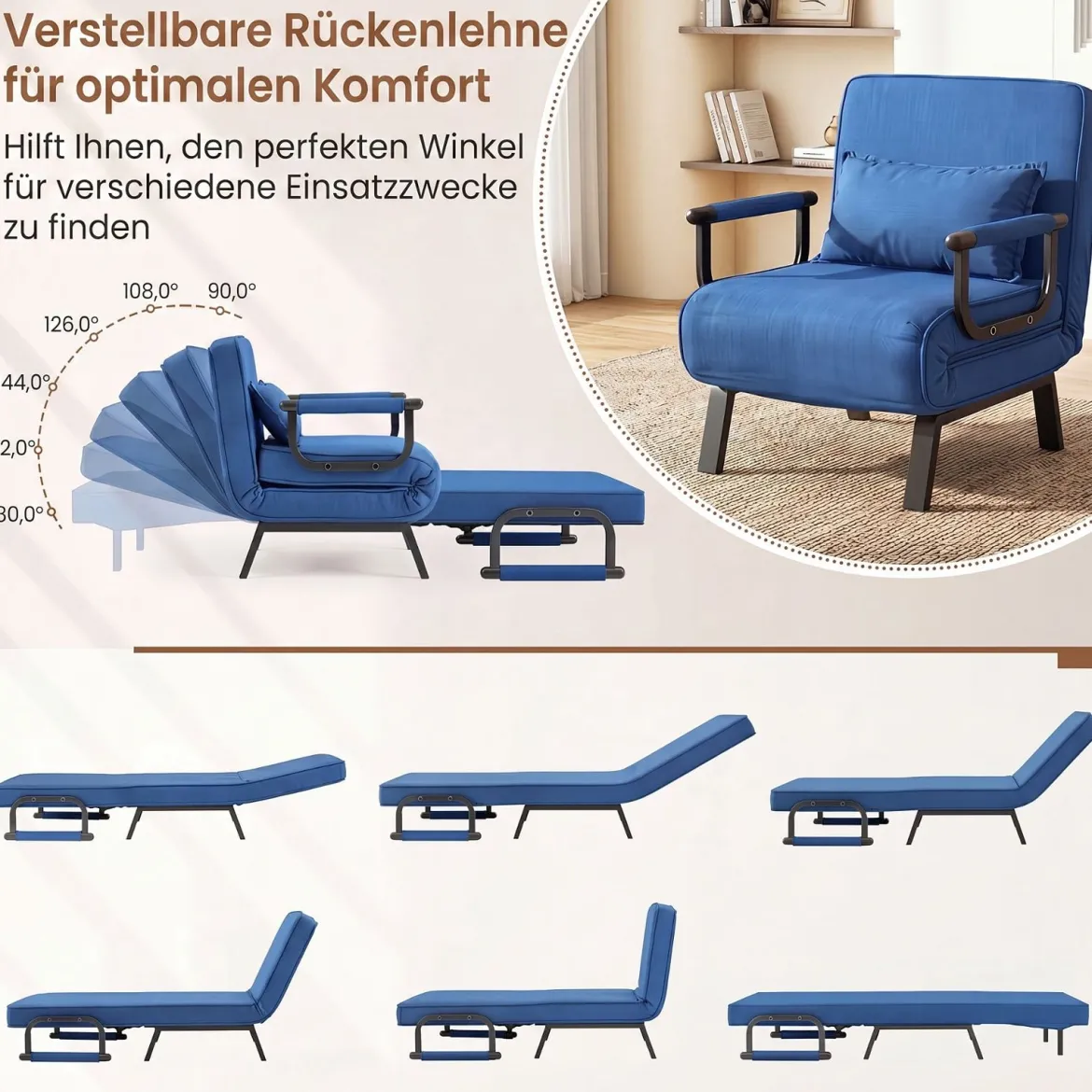 Schlafsessel mit Bettfunktion Umwandelbares Schlafsofa mit 5-fach Verstellbarer Rückenlehne für Zuhause