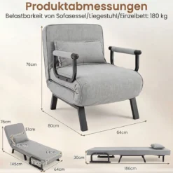 Schlafsessel mit Bettfunktion Umwandelbares Schlafsofa mit 5-fach Verstellbarer Rückenlehne für Zuhause