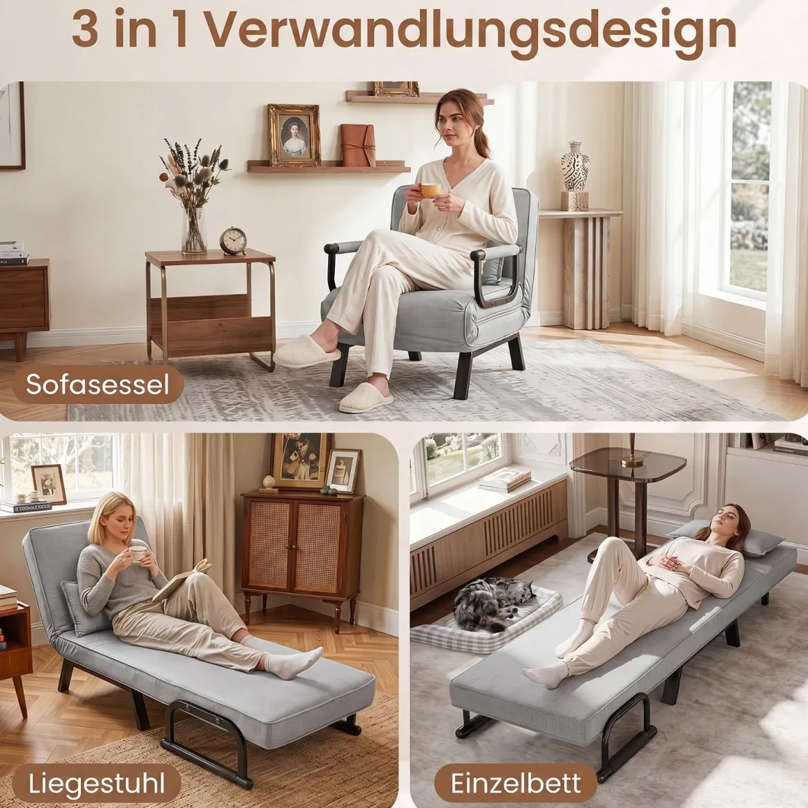 Schlafsessel mit Bettfunktion Umwandelbares Schlafsofa mit 5-fach Verstellbarer Rückenlehne für Zuhause
