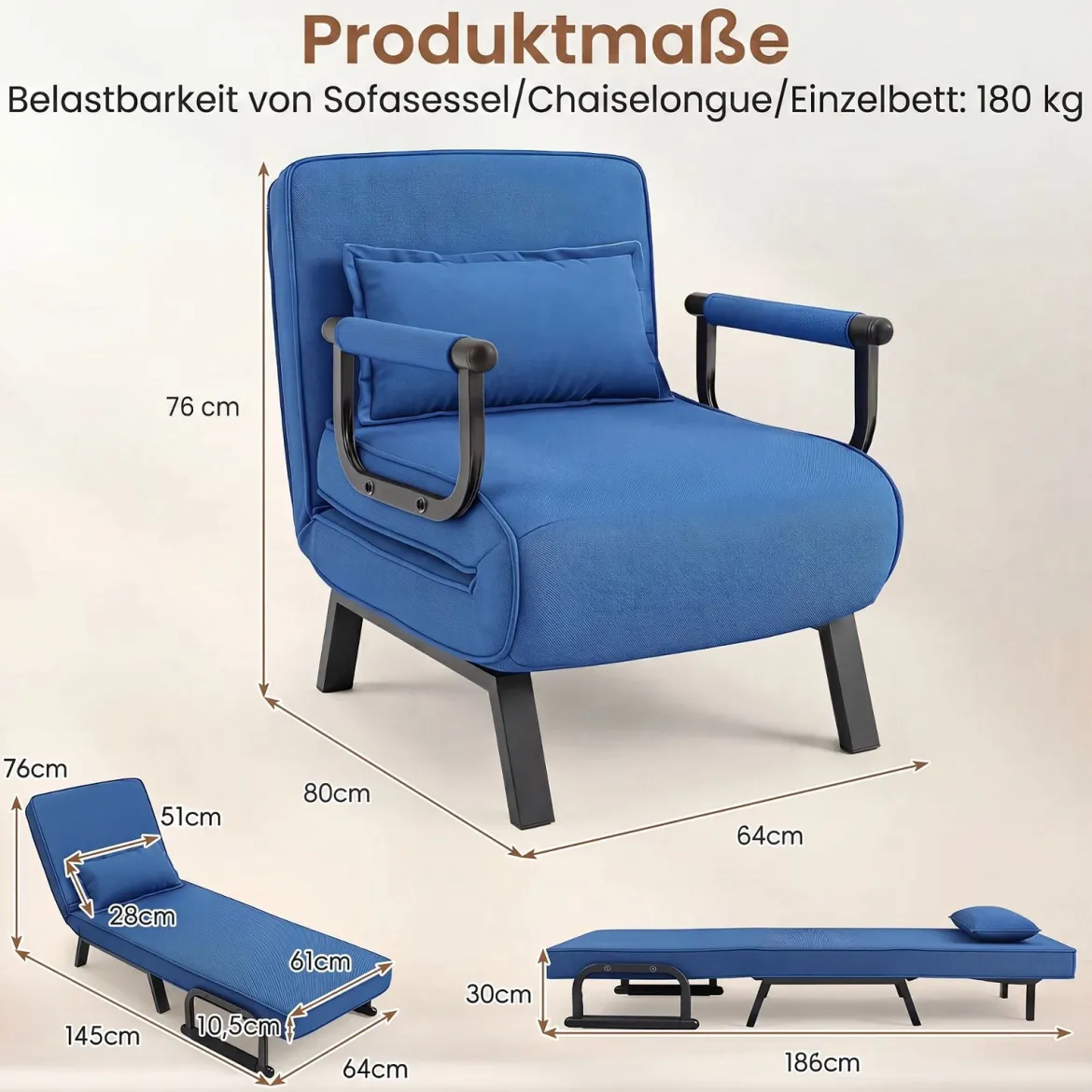 Schlafsessel mit Bettfunktion Umwandelbares Schlafsofa mit 5-fach Verstellbarer Rückenlehne für Zuhause