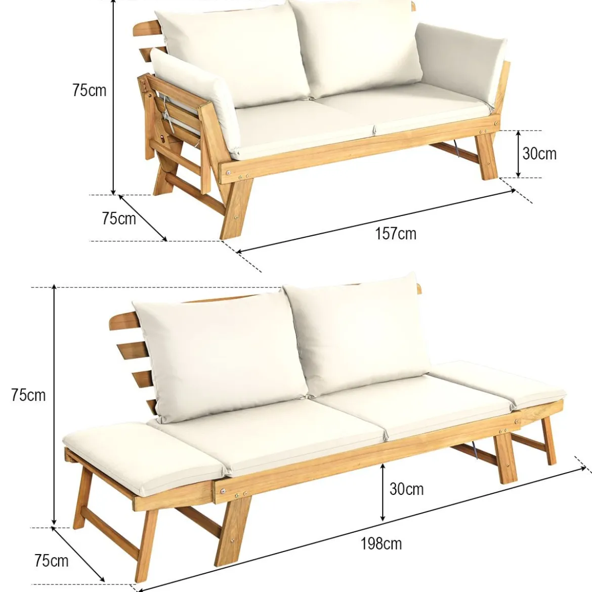 Schlafsofa für die Terrasse Tagesbett aus Akazienholz 198 x 75 x 75 cm
