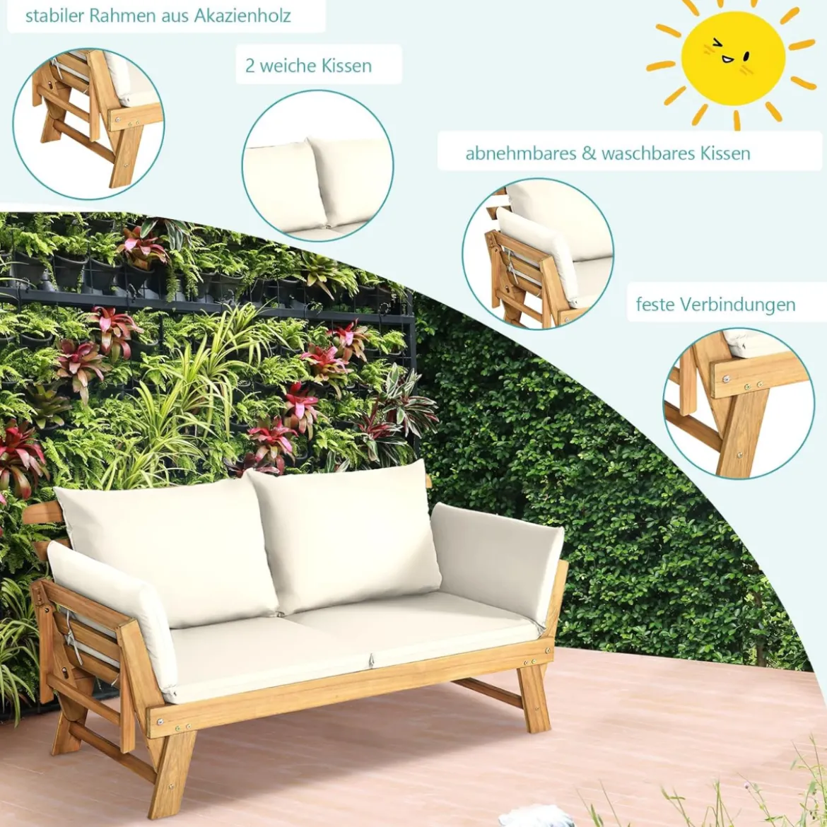 Schlafsofa für die Terrasse Tagesbett aus Akazienholz 198 x 75 x 75 cm