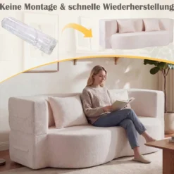 Schlafsofa mit 2 Bequemen Kissen & Memory Schaum Boneless Sofa Bett Teddy-Fleece Beige