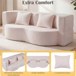 Schlafsofa mit 2 Bequemen Kissen & Memory Schaum Boneless Sofa Bett Teddy-Fleece Beige