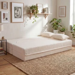 Schlafsofa mit 2 Bequemen Kissen & Memory Schaum Boneless Sofa Bett Teddy-Fleece Beige