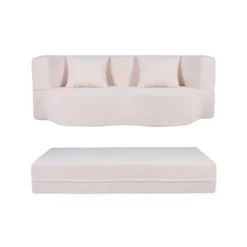 Schlafsofa mit 2 Bequemen Kissen & Memory Schaum Boneless Sofa Bett Teddy-Fleece Beige