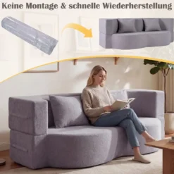 Schlafsofa mit 2 Bequemen Kissen & Memory Schaum Boneless Sofa Bett Teddy-Fleece Grau