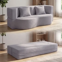 Schlafsofa mit 2 Bequemen Kissen & Memory Schaum Boneless Sofa Bett Teddy-Fleece Grau