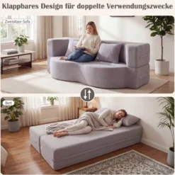 Schlafsofa mit 2 Bequemen Kissen & Memory Schaum Boneless Sofa Bett Teddy-Fleece Grau
