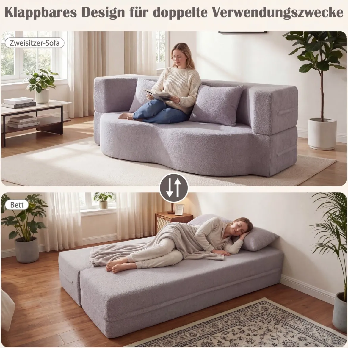 Schlafsofa mit 2 Bequemen Kissen & Memory Schaum Boneless Sofa Bett Teddy-Fleece Grau
