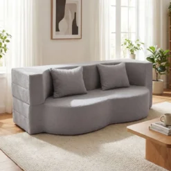 Schlafsofa mit 2 Bequemen Kissen & Memory Schaum Boneless Sofa Bett Teddy-Fleece Grau