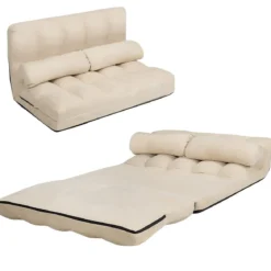 Schlafsofa mit 2 Kissen Sofabett mit 6 Stufig Verstellbarer Rücklehne 180 x 113 x 10 cm Beige