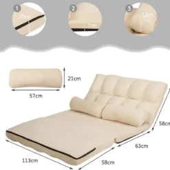 Schlafsofa mit 2 Kissen Sofabett mit 6 Stufig Verstellbarer Rücklehne 180 x 113 x 10 cm Beige