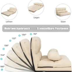 Schlafsofa mit 2 Kissen Sofabett mit 6 Stufig Verstellbarer Rücklehne 180 x 113 x 10 cm Beige