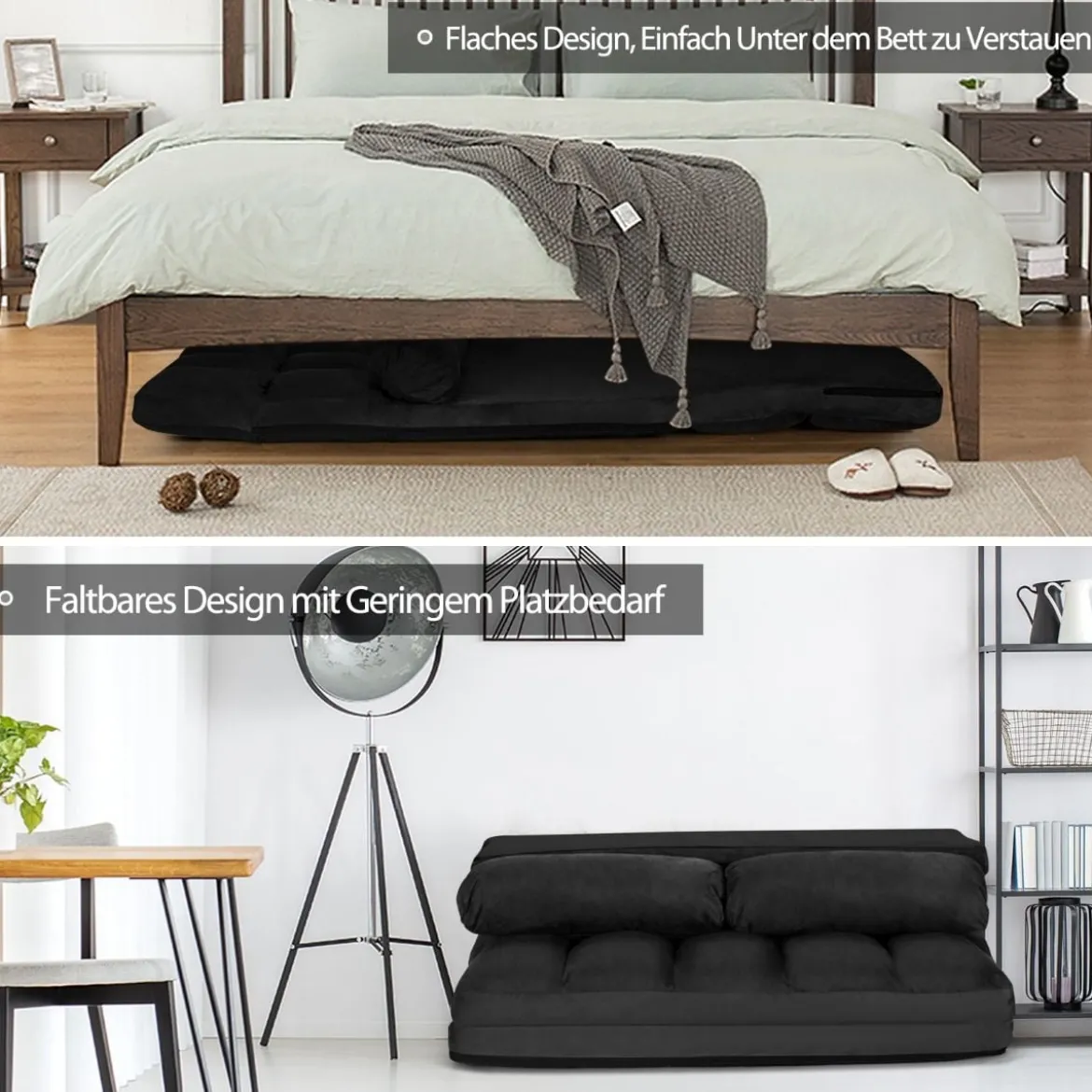 Schlafsofa mit 2 Kissen Sofabett mit 6 Stufig Verstellbarer Rücklehne Lazy Sofa Schwarz