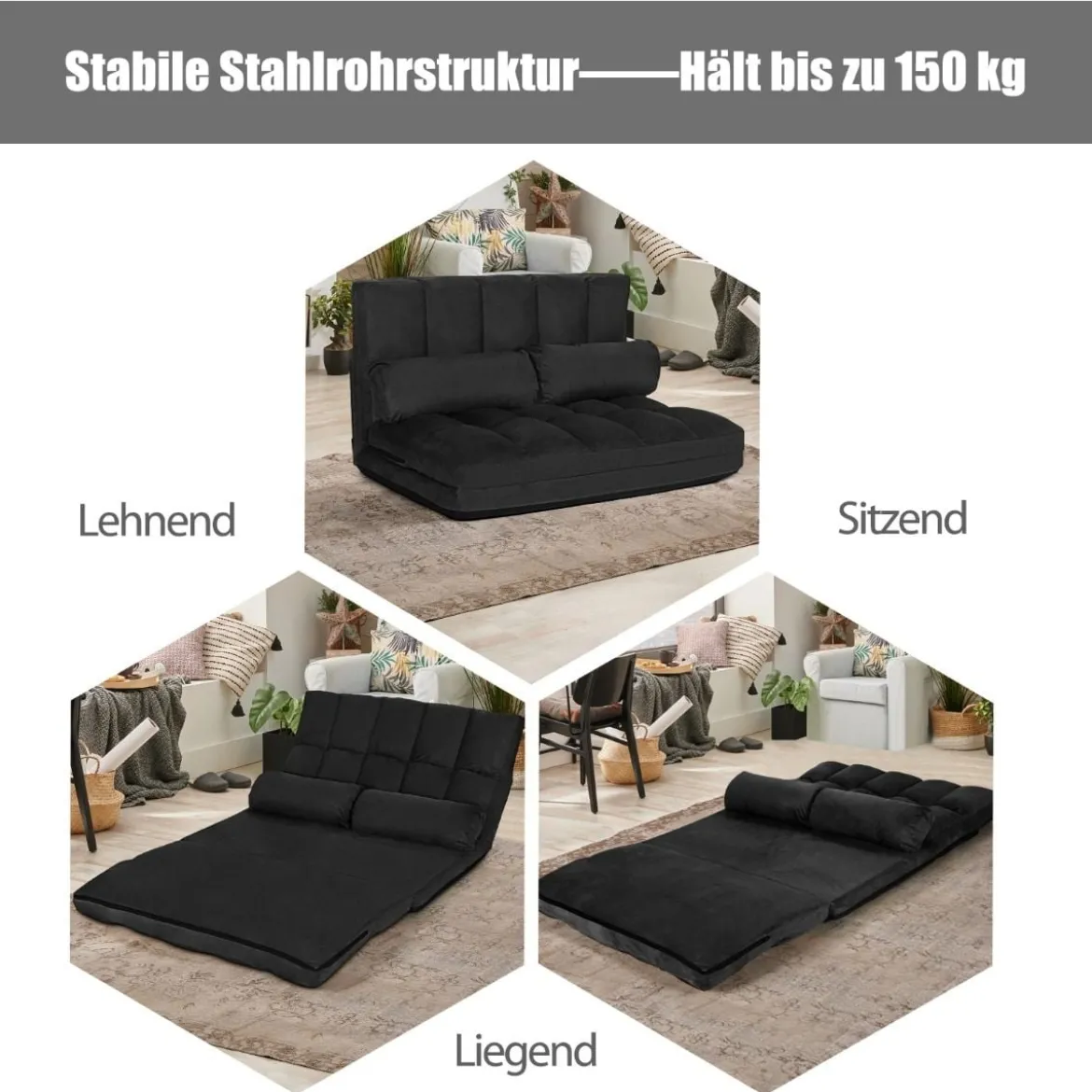 Schlafsofa mit 2 Kissen Sofabett mit 6 Stufig Verstellbarer Rücklehne Lazy Sofa Schwarz