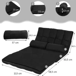 Schlafsofa mit 2 Kissen Sofabett mit 6 Stufig Verstellbarer Rücklehne Lazy Sofa Schwarz