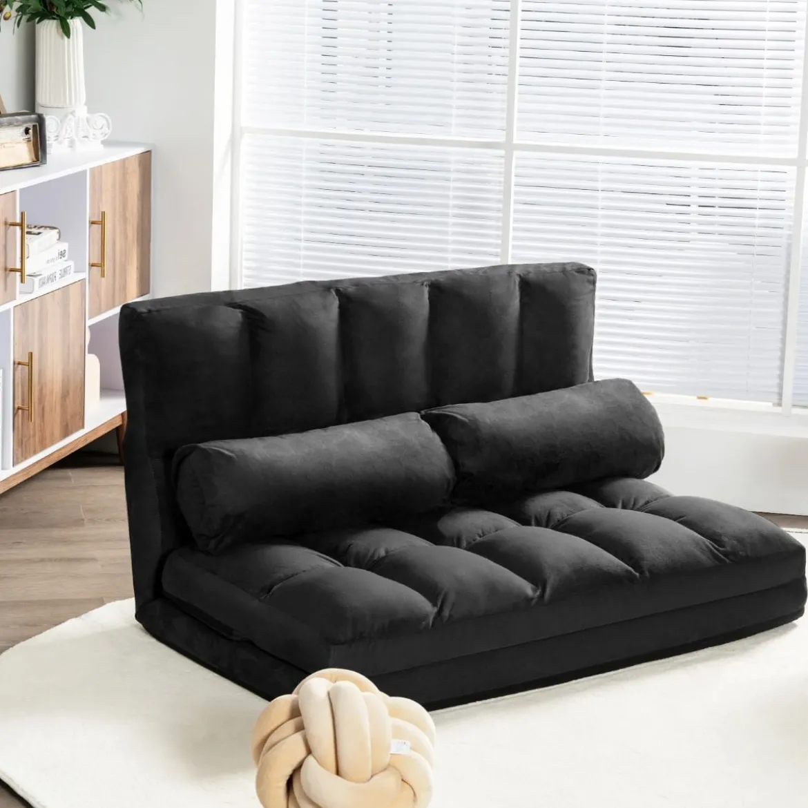 Schlafsofa mit 2 Kissen Sofabett mit 6 Stufig Verstellbarer Rücklehne Lazy Sofa Schwarz