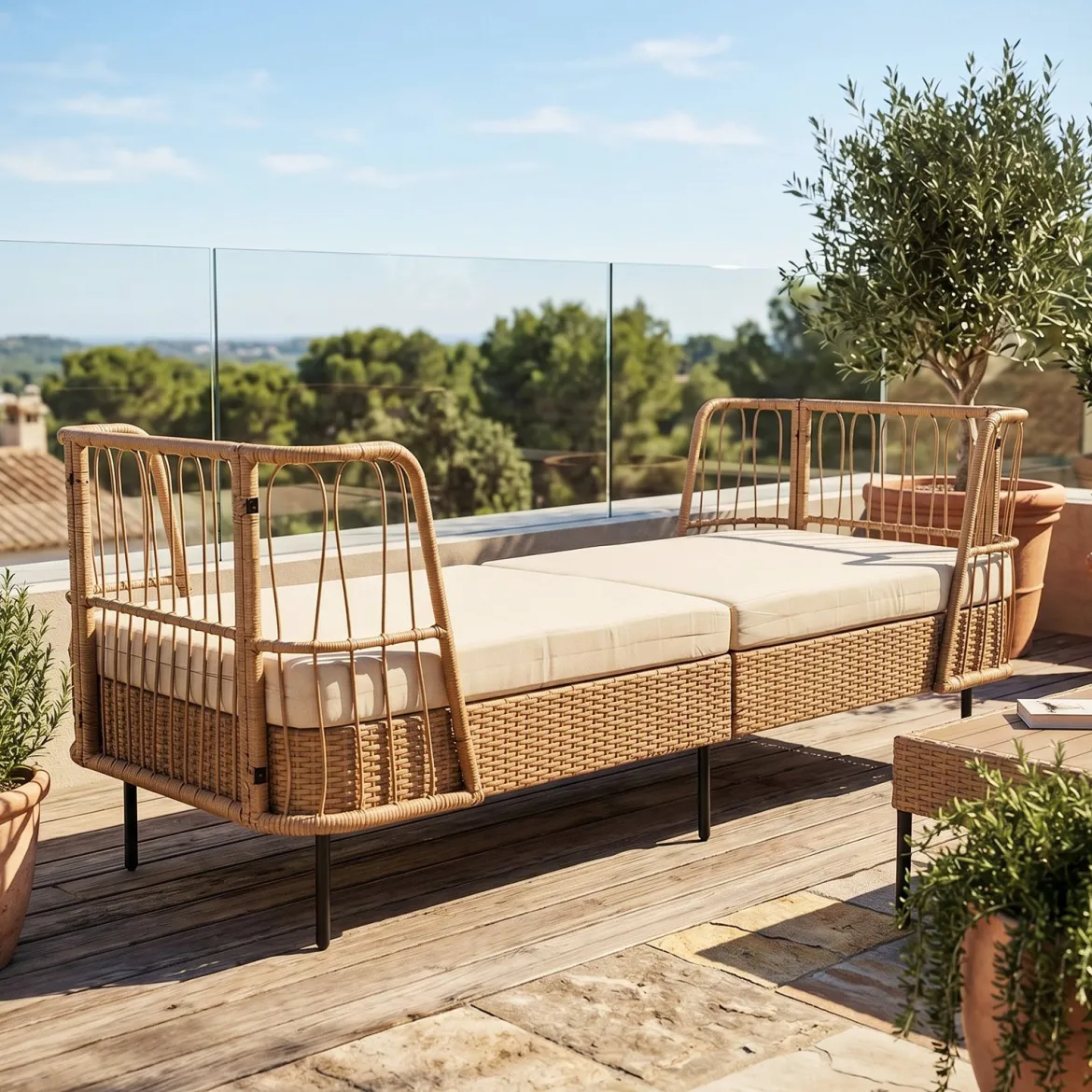 Schlafsofa Outdoor Rattan Sofabett mit Armlehnen Stabilem Metallrahmen bis 360 kg Belastbar