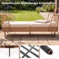 Schlafsofa Outdoor Rattan Sofabett mit Armlehnen Stabilem Metallrahmen bis 360 kg Belastbar