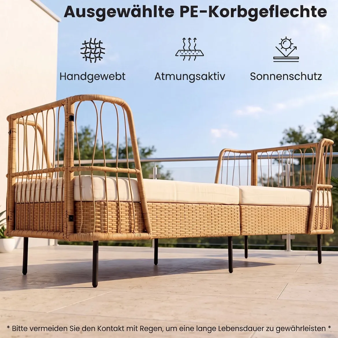Schlafsofa Outdoor Rattan Sofabett mit Armlehnen Stabilem Metallrahmen bis 360 kg Belastbar