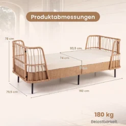 Schlafsofa Outdoor Rattan Sofabett mit Armlehnen Stabilem Metallrahmen bis 360 kg Belastbar