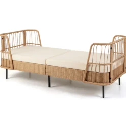 Schlafsofa Outdoor Rattan Sofabett mit Armlehnen Stabilem Metallrahmen bis 360 kg Belastbar