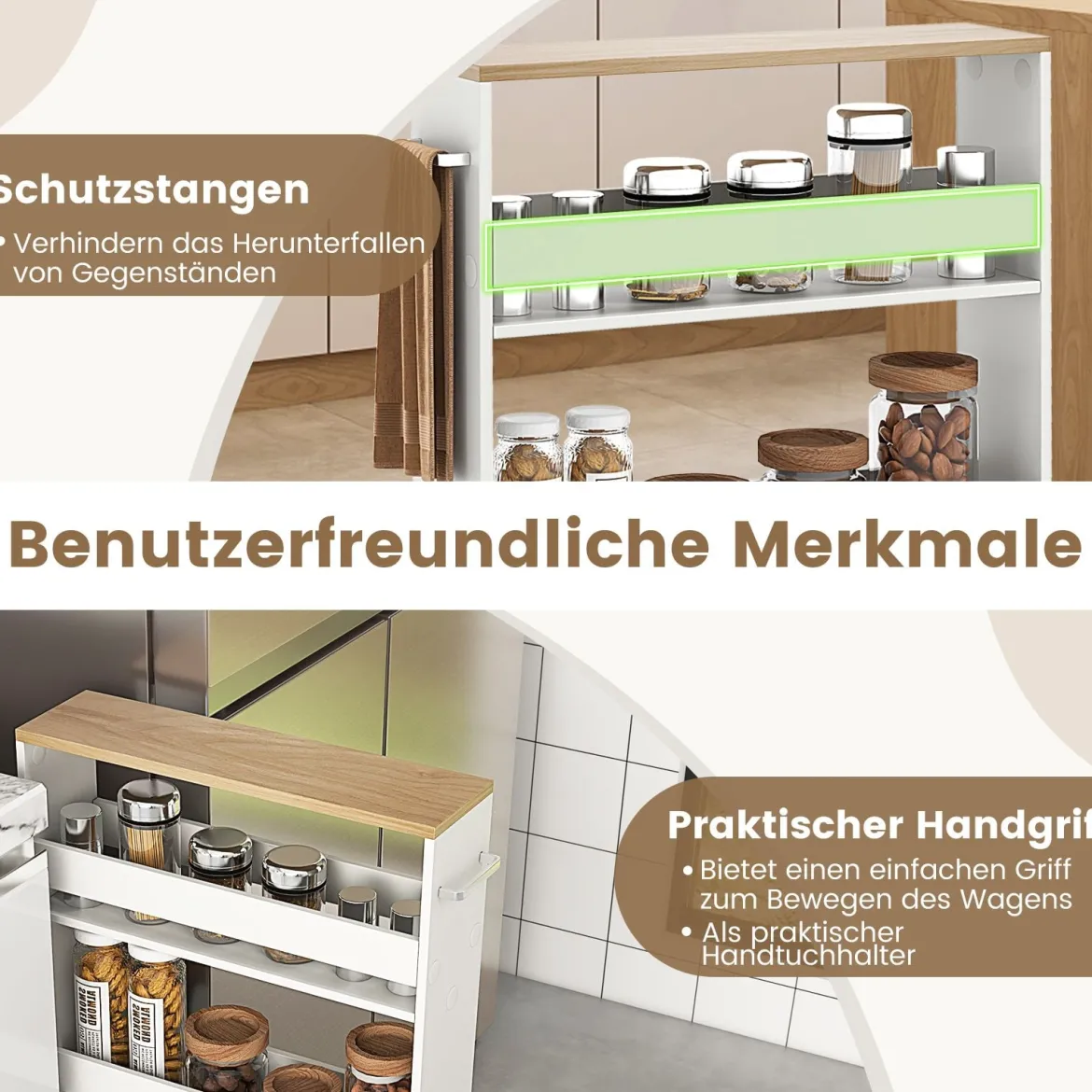 Schlanker Aufbewahrungswagen mit 4 Ebenen schmaler mobiler Servierwagen mit offenen Regalen Weiß + Natur