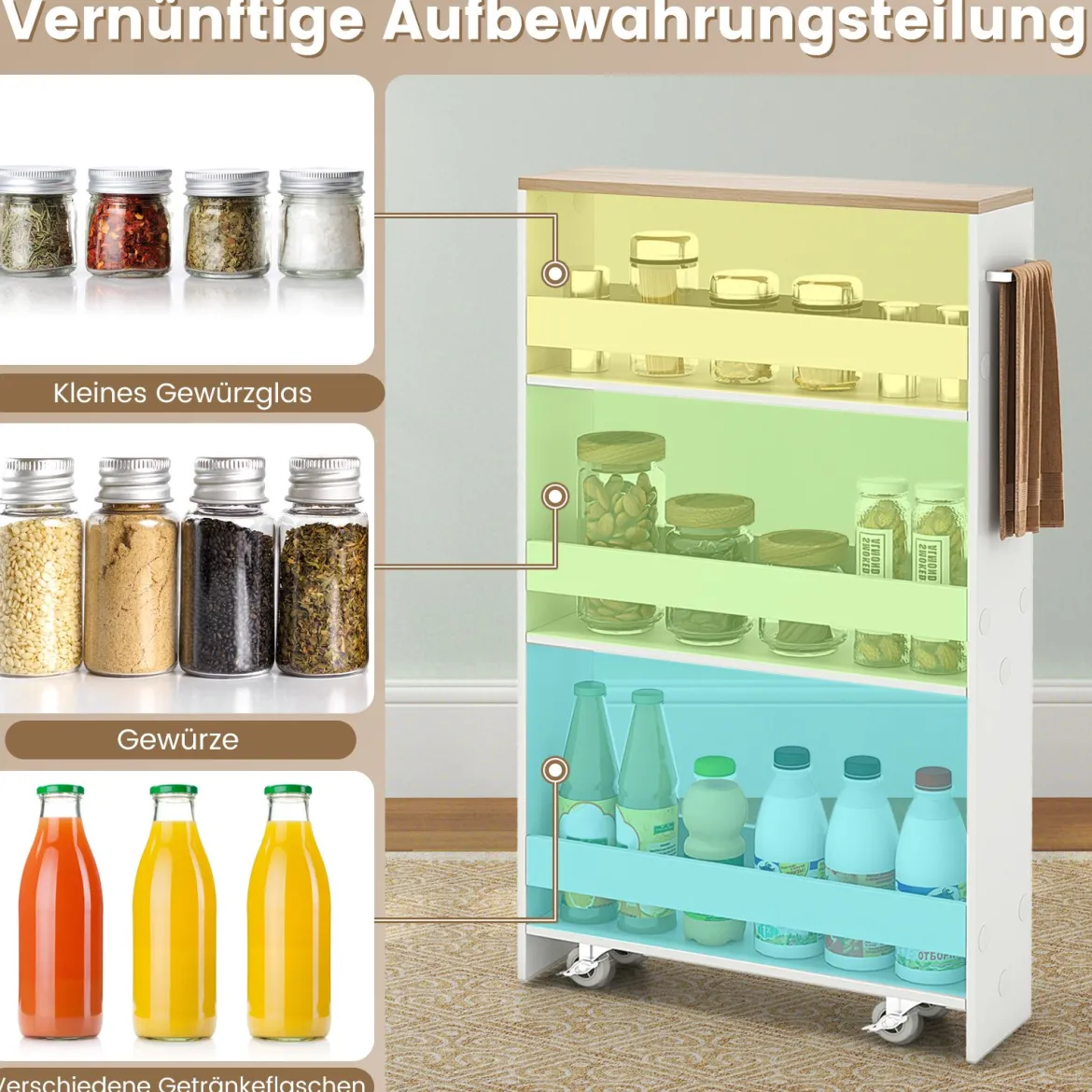 Schlanker Aufbewahrungswagen mit 4 Ebenen schmaler mobiler Servierwagen mit offenen Regalen Weiß + Natur
