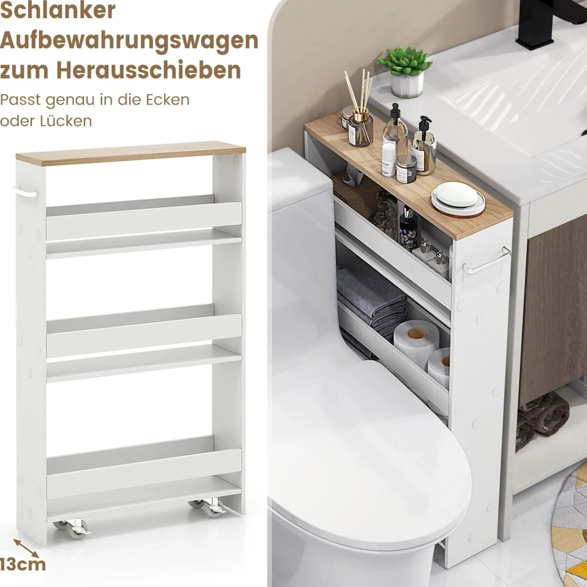 Schlanker Aufbewahrungswagen mit 4 Ebenen schmaler mobiler Servierwagen mit offenen Regalen Weiß + Natur
