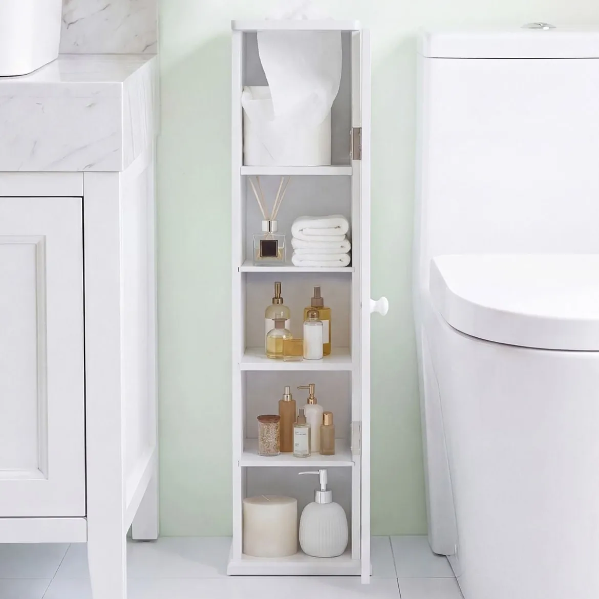 Schmal Badezimmerschrank mit 3 Abnehmbaren Regalen 16cm Breit Toilettenschrank Weiß