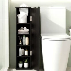 Schmal Badezimmerschrank mit 3 Abnehmbaren Regalen 16cm Breit Toilettenschrank Schwarz