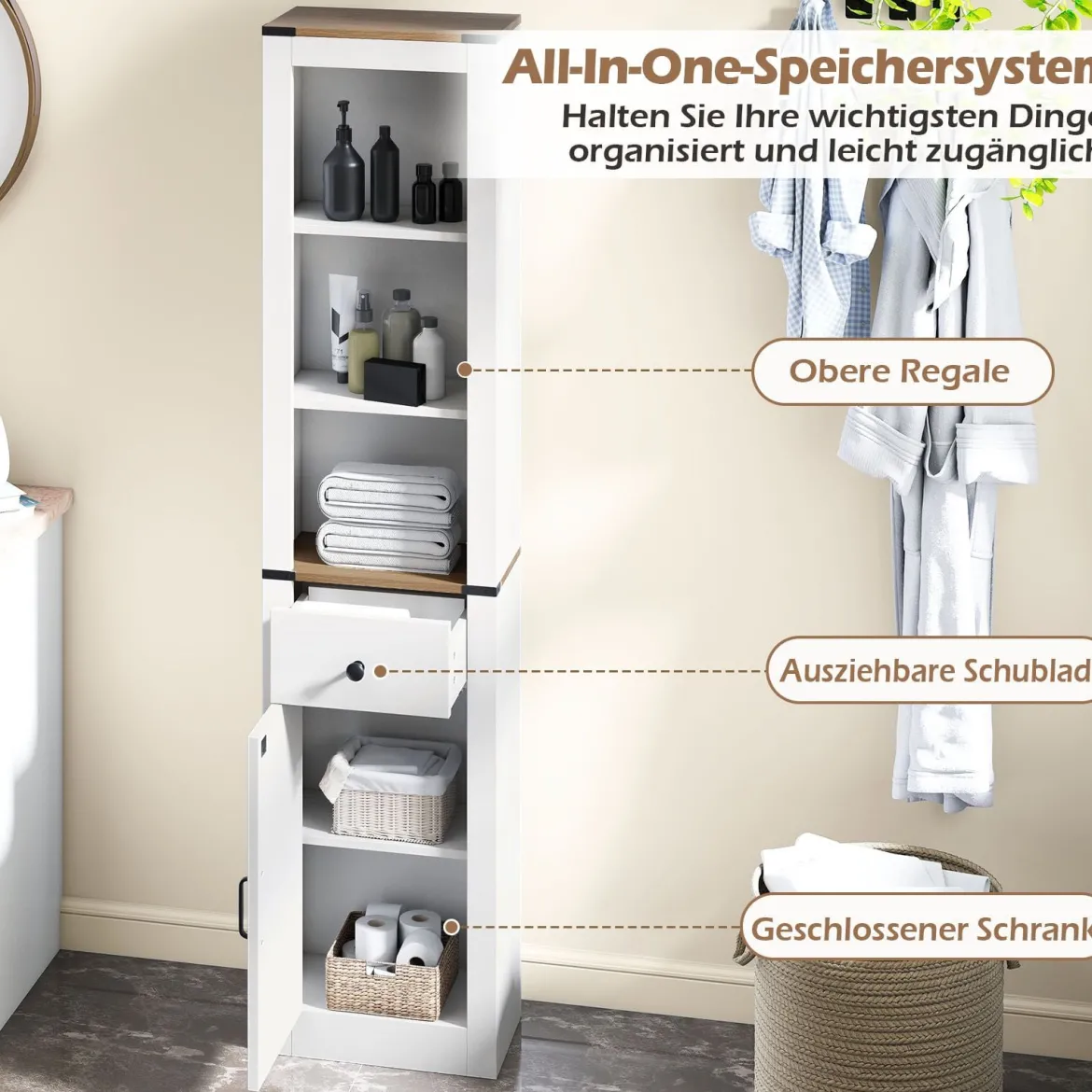 Schmaler Badezimmerschrank mit Schublade & Verstellbarem Regal Badschrank Hochschrank Weiß