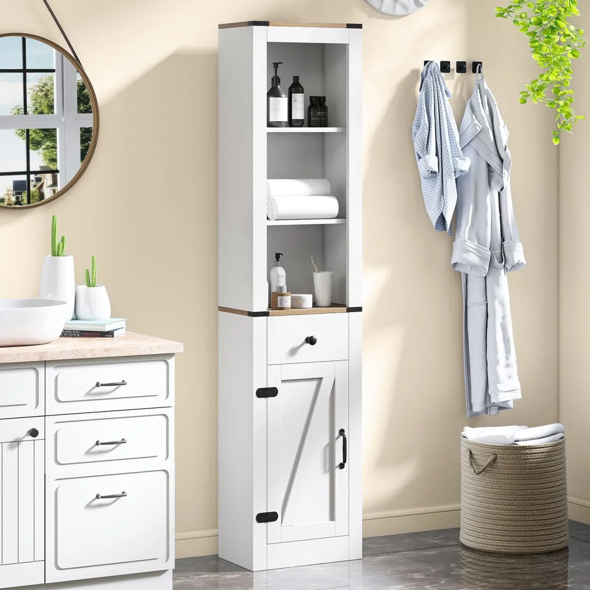 Schmaler Badezimmerschrank mit Schublade & Verstellbarem Regal Badschrank Hochschrank Weiß