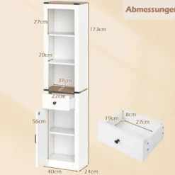 Schmaler Badezimmerschrank mit Schublade & Verstellbarem Regal Badschrank Hochschrank Weiß