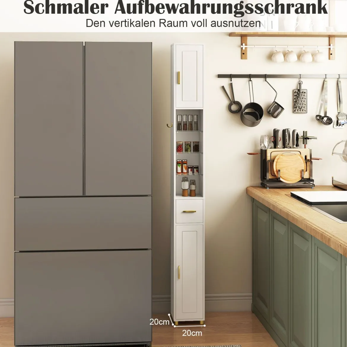 Schmaler Badezimmerschrank mit Beleuchtung & Schublade & 3 Glasablagen Badschrank Weiß