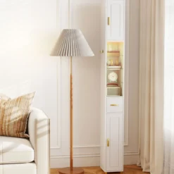 Schmaler Badezimmerschrank mit Beleuchtung & Schublade & 3 Glasablagen Badschrank Weiß