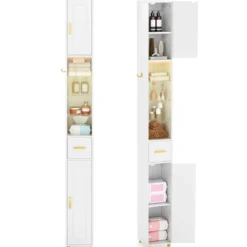 Schmaler Badezimmerschrank mit Beleuchtung & Schublade & 3 Glasablagen Badschrank Weiß