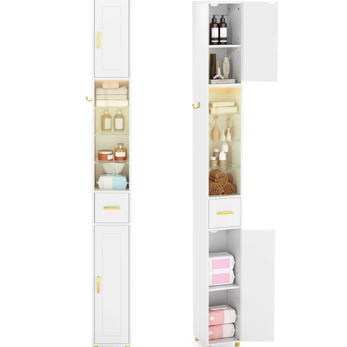 Schmaler Badezimmerschrank mit Beleuchtung & Schublade & 3 Glasablagen Badschrank Weiß