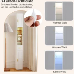 Schmaler Badezimmerschrank mit Beleuchtung & Schublade & 3 Glasablagen Badschrank Weiß