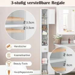 Schmaler Badezimmerschrank mit Beleuchtung & Schublade & 3 Glasablagen Badschrank Weiß
