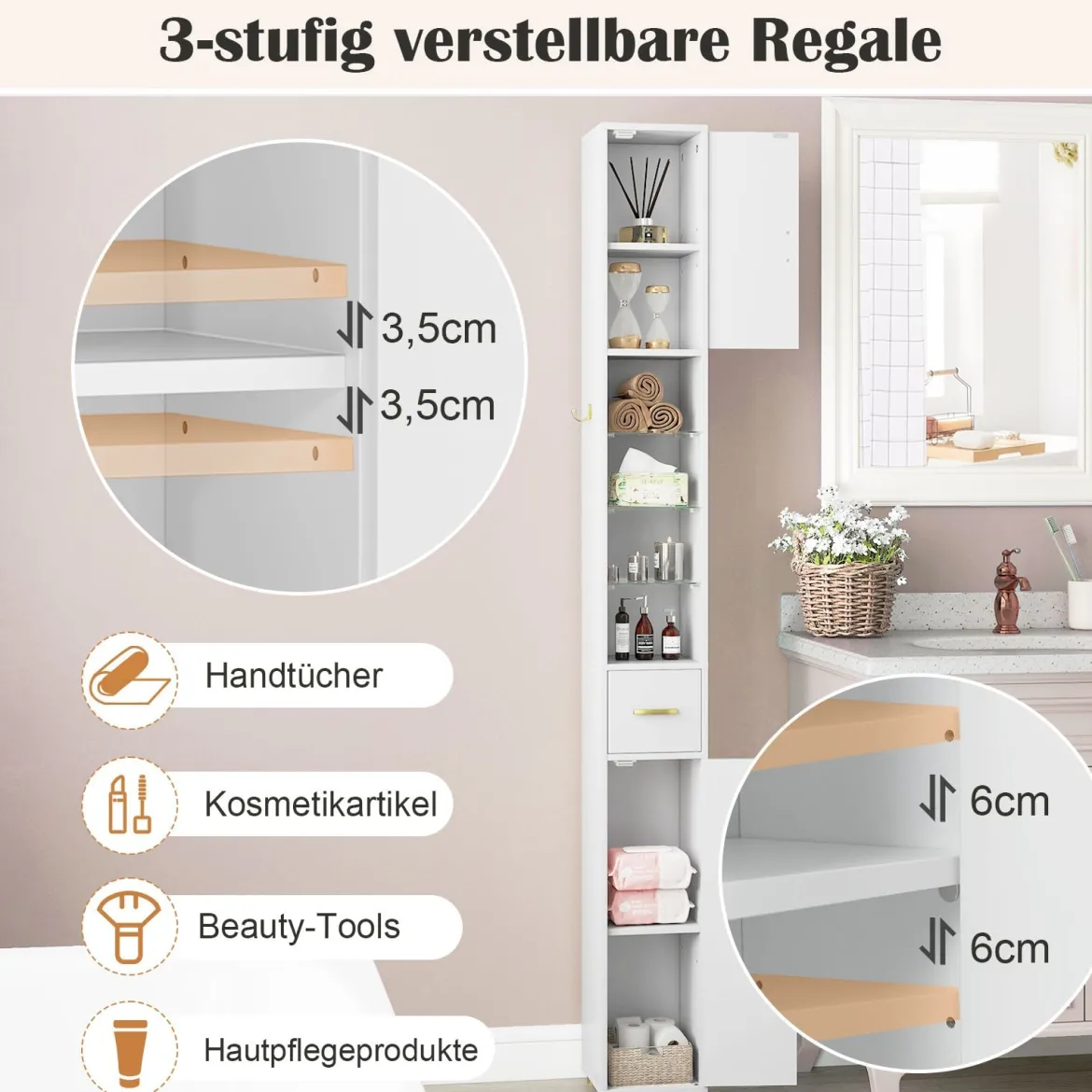 Schmaler Badezimmerschrank mit Beleuchtung & Schublade & 3 Glasablagen Badschrank Weiß