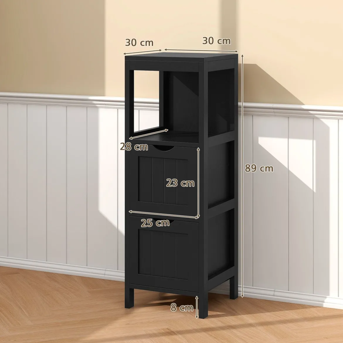 Schmaler Badezimmerschrank mit 2 Schubladen & Offenen Regal Badschrank Lagerschrank