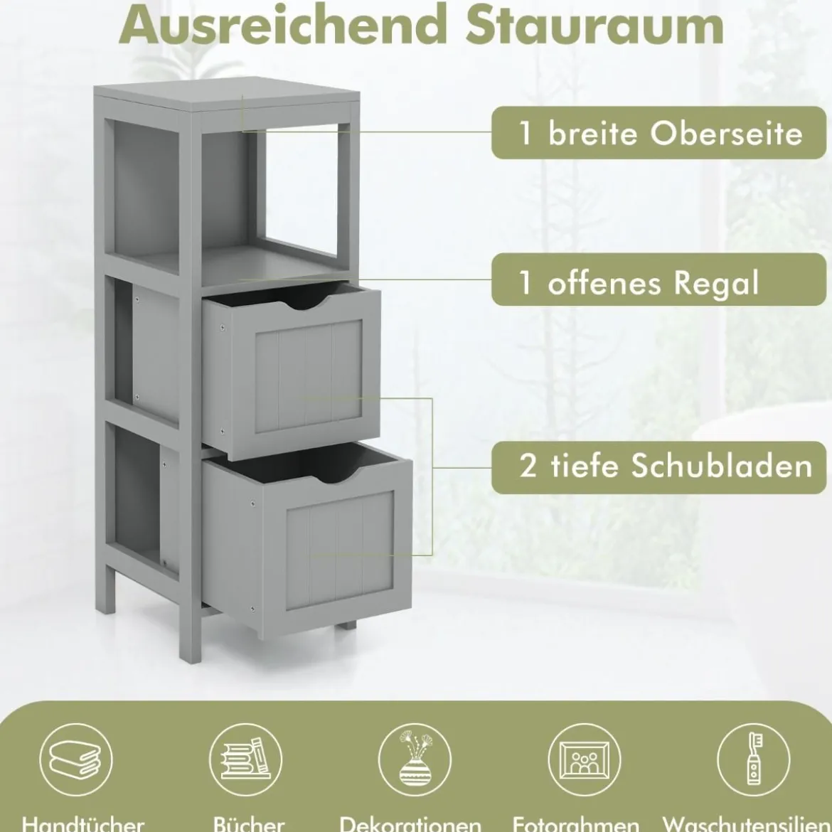 Schmaler Badezimmerschrank mit 2 Schubladen & Offenen Regal Badschrank Lagerschrank