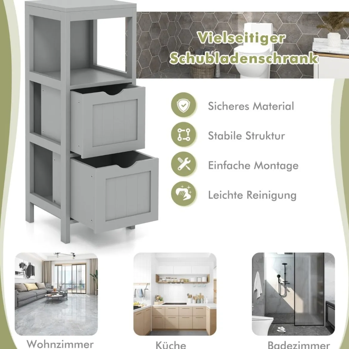 Schmaler Badezimmerschrank mit 2 Schubladen & Offenen Regal Badschrank Lagerschrank