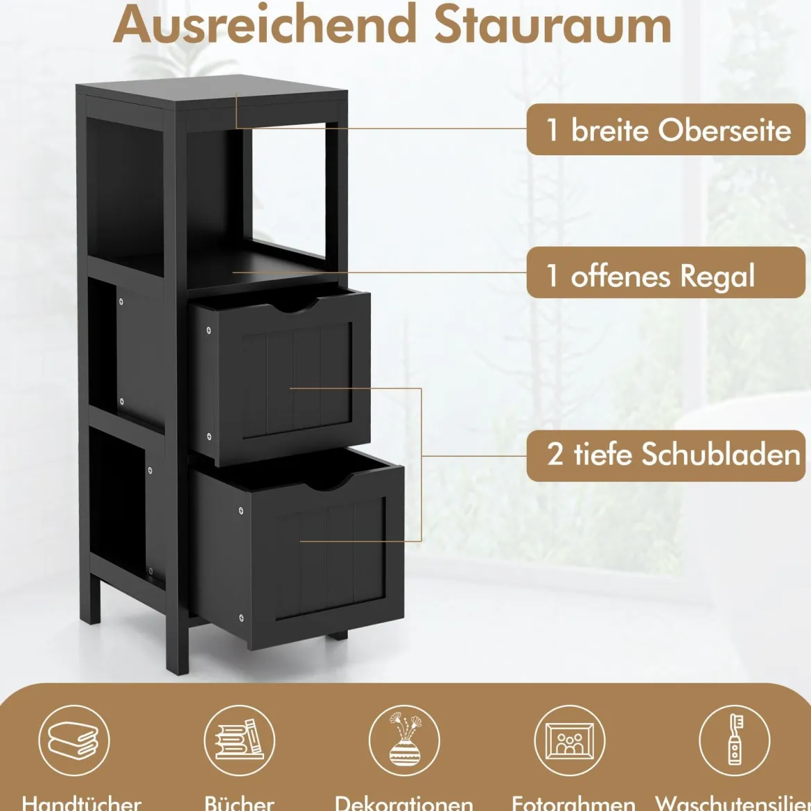 Schmaler Badezimmerschrank mit 2 Schubladen & Offenen Regal Badschrank Lagerschrank