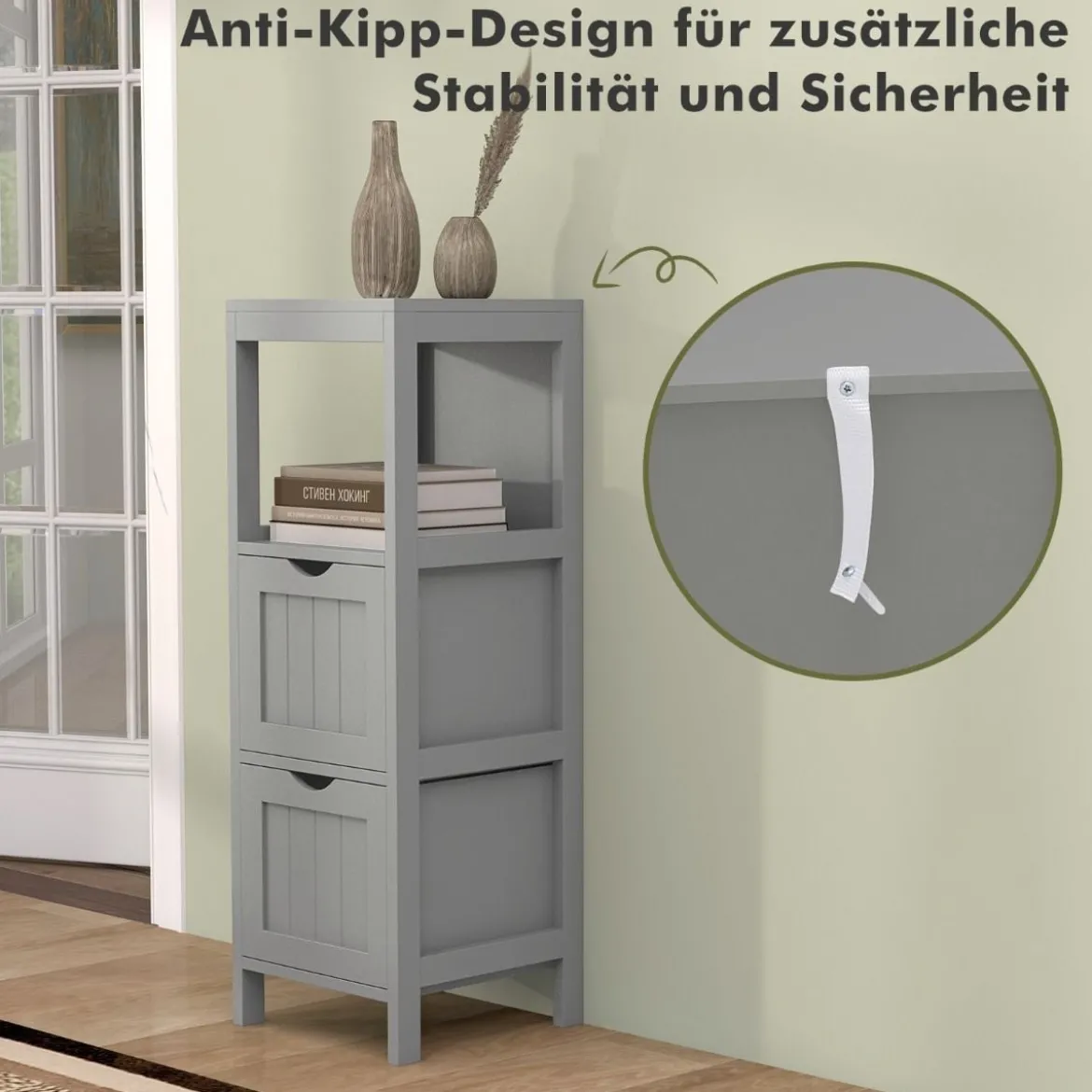 Schmaler Badezimmerschrank mit 2 Schubladen & Offenen Regal Badschrank Lagerschrank