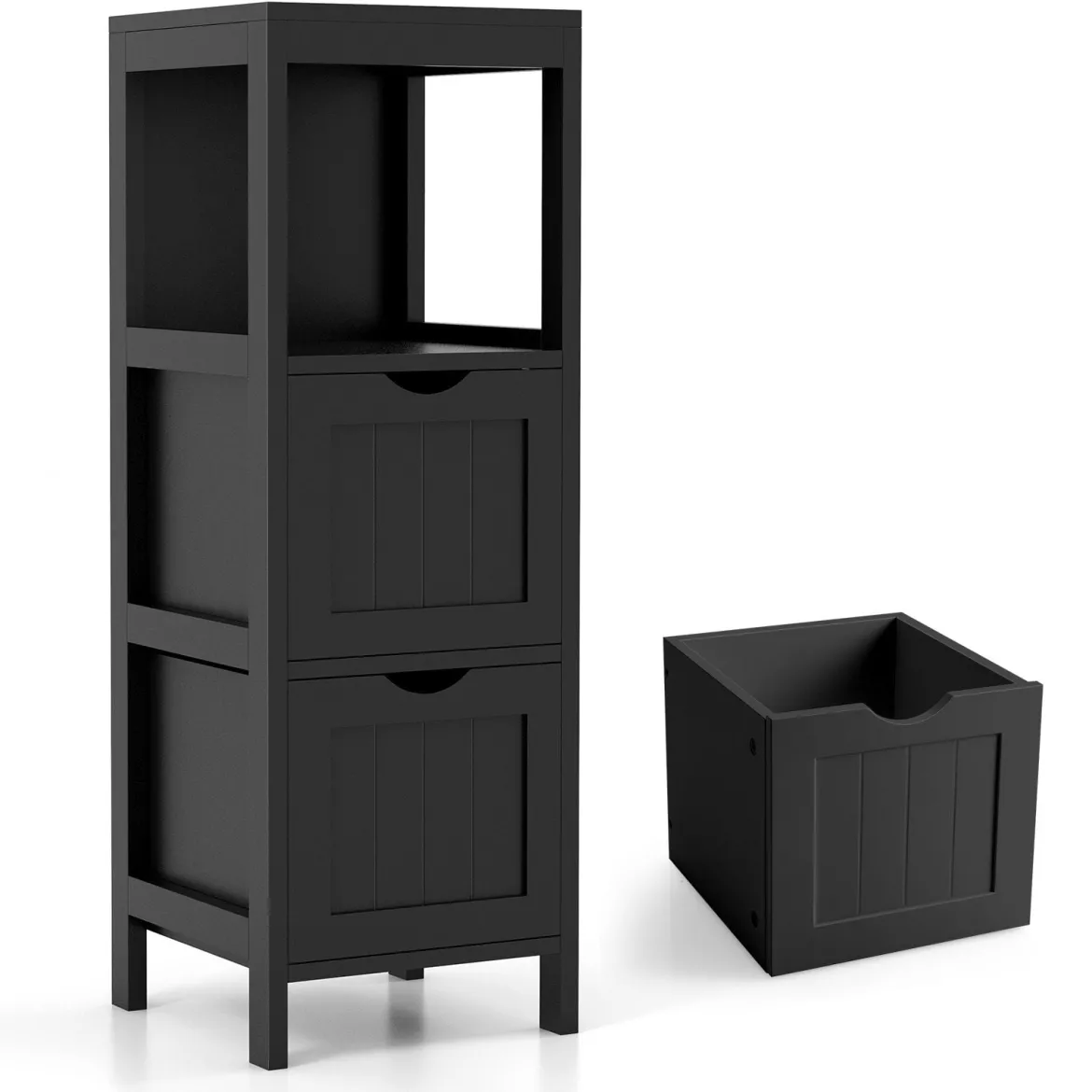 Schmaler Badezimmerschrank mit 2 Schubladen & Offenen Regal Badschrank Lagerschrank