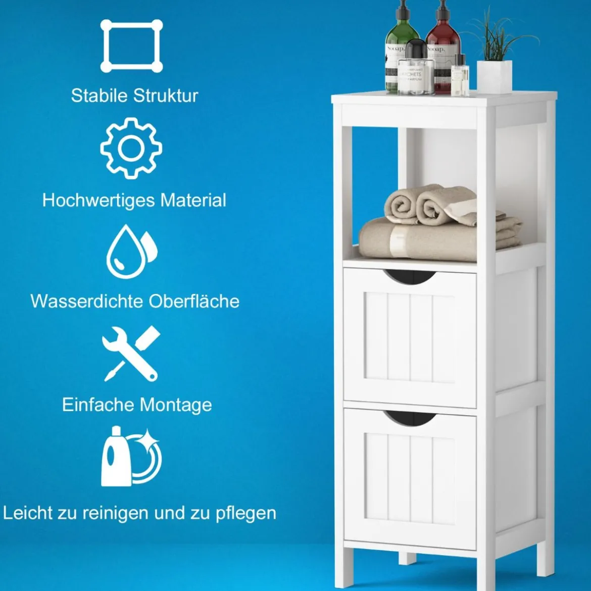 Schmaler Badezimmerschrank mit 2 Schubladen & Offenen Regal Badschrank Lagerschrank